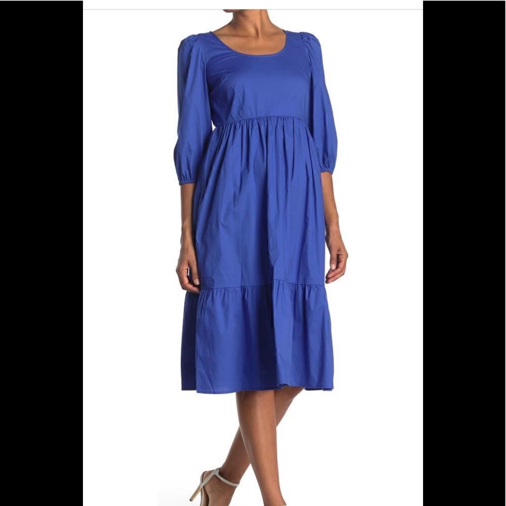 🔥Donna Morgan Women’s Scoop Neck Cotton Midi blue Dress size 10, NWT